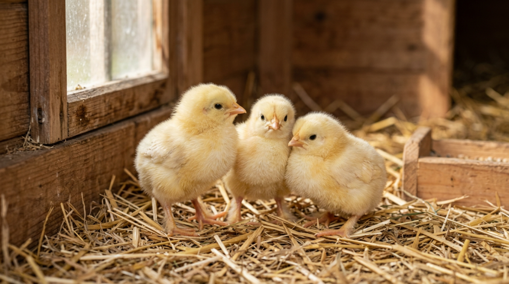 Three adorable baby chicks on straw bedding inside a clean wooden chicken coop