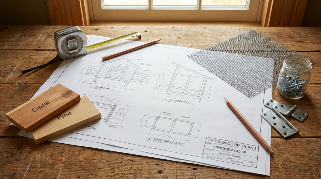 Chicken coop building plans and blueprints on a workbench with tools and lumber samples