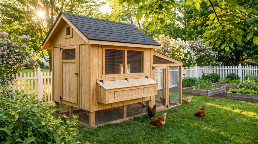 Beautiful DIY cedar chicken coop in a sunny backyard garden with white picket fence