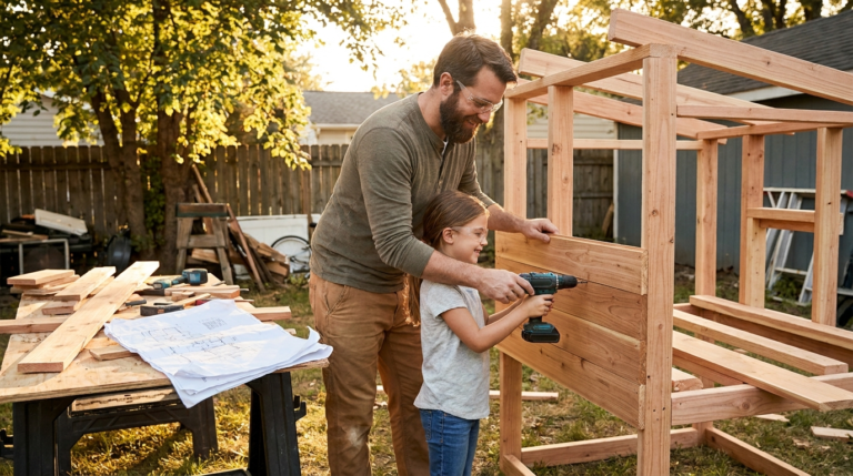 Father and daughter building a chicken coop together in the backyard using power tools