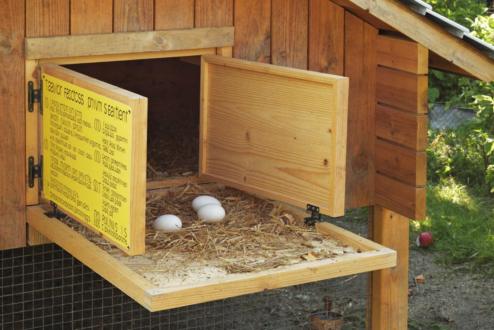 An external nesting box with the lid open showing straw and fresh brown eggs