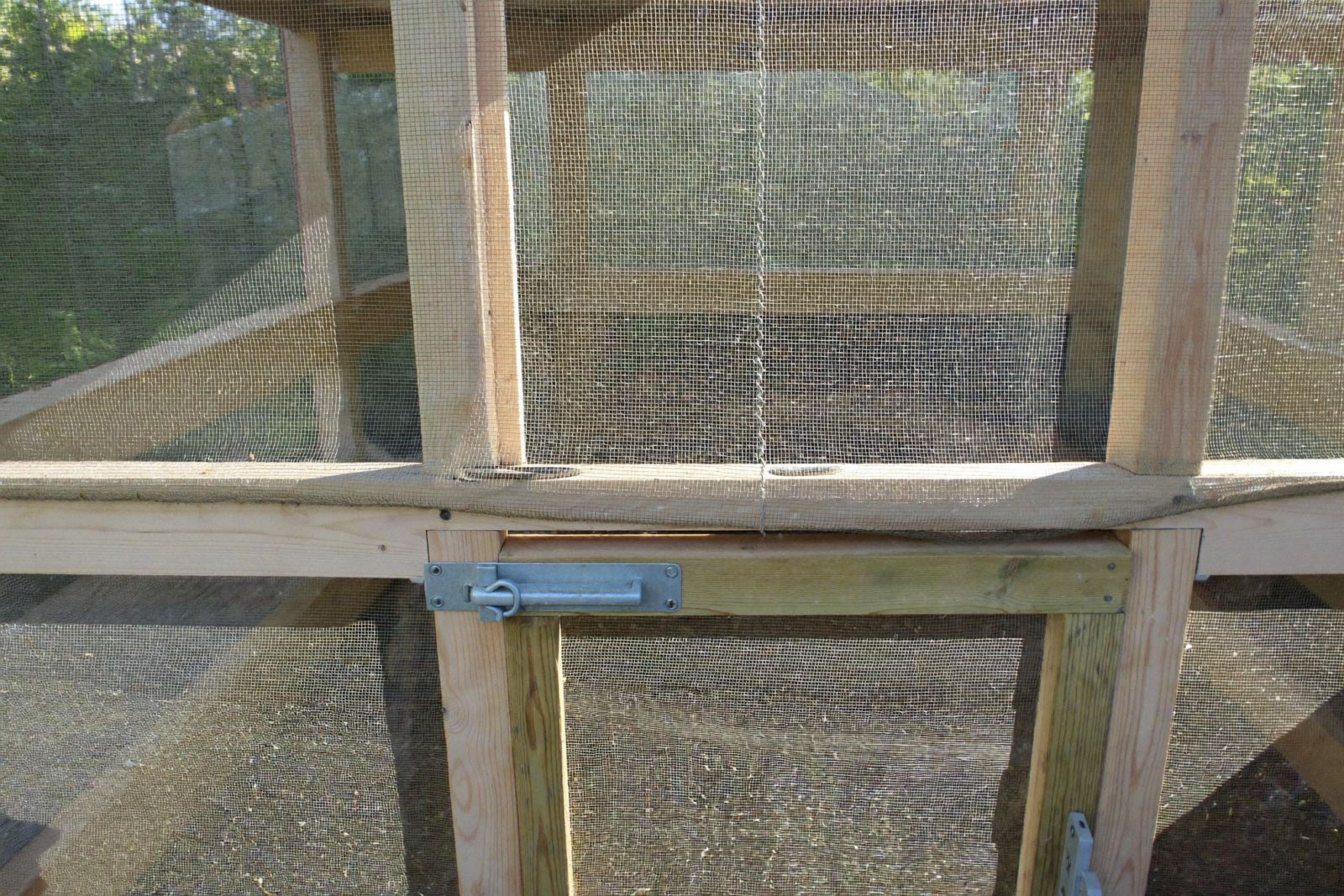 Close-up of a chicken run wall covered in half-inch hardware cloth with a locking latch