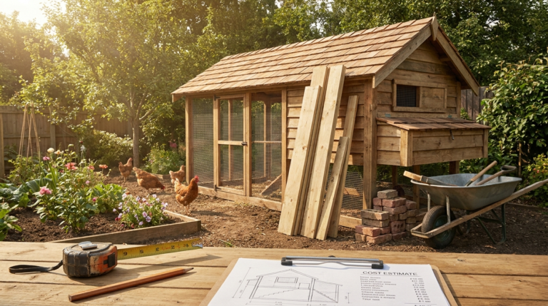 Cost to build a chicken coop - lumber and materials on a workbench next to a finished wooden coop