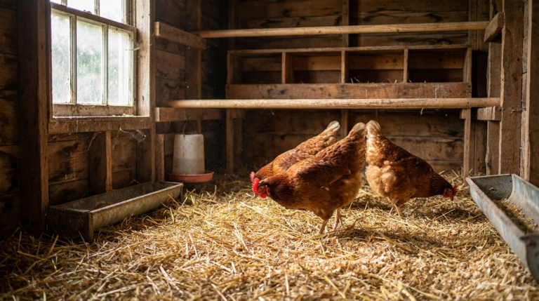 Deep litter bedding inside a chicken coop with hens scratching through wood shavings and straw