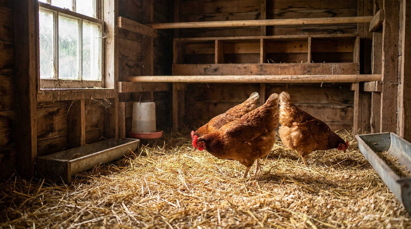 Deep litter bedding inside a chicken coop with hens scratching through wood shavings and straw