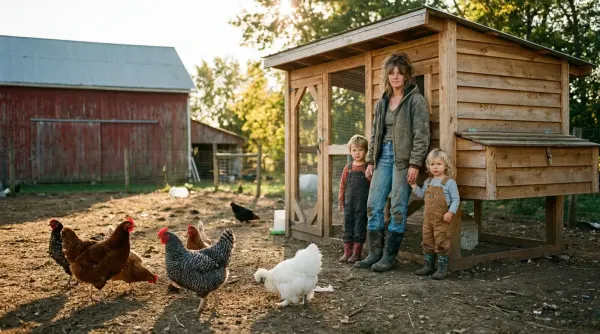 Family enjoying their backyard chicken coop built from CoopCraftsPro plans