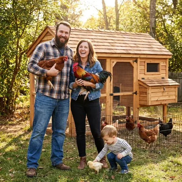 Happy family raising backyard chickens with DIY coop plans