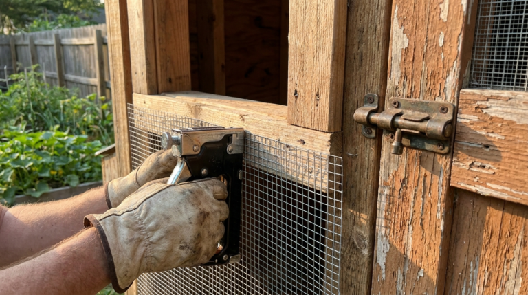 Installing half inch hardware cloth on a chicken coop opening