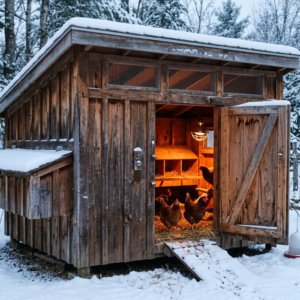 Chicken coop with high roofline vents in winter snow