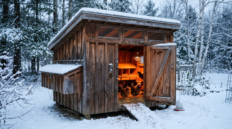 Chicken coop with high roofline vents in winter snow