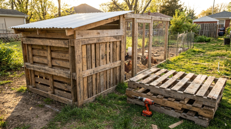 Chicken coop built from reclaimed wooden pallets