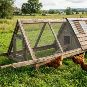 A-frame mobile chicken tractor on grass with hens