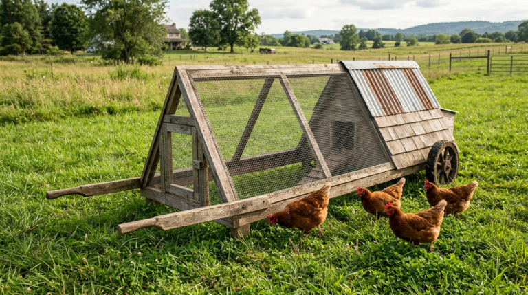 A-frame mobile chicken tractor on grass with hens