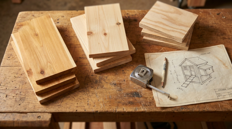 Three types of wood for chicken coops - cedar planks, pine boards, and plywood sheets on a workbench with building tools