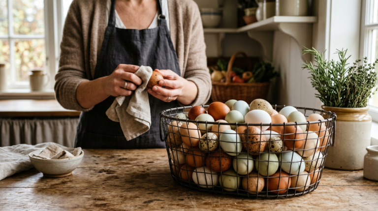 Fresh farm eggs in various colors in a rustic wire basket