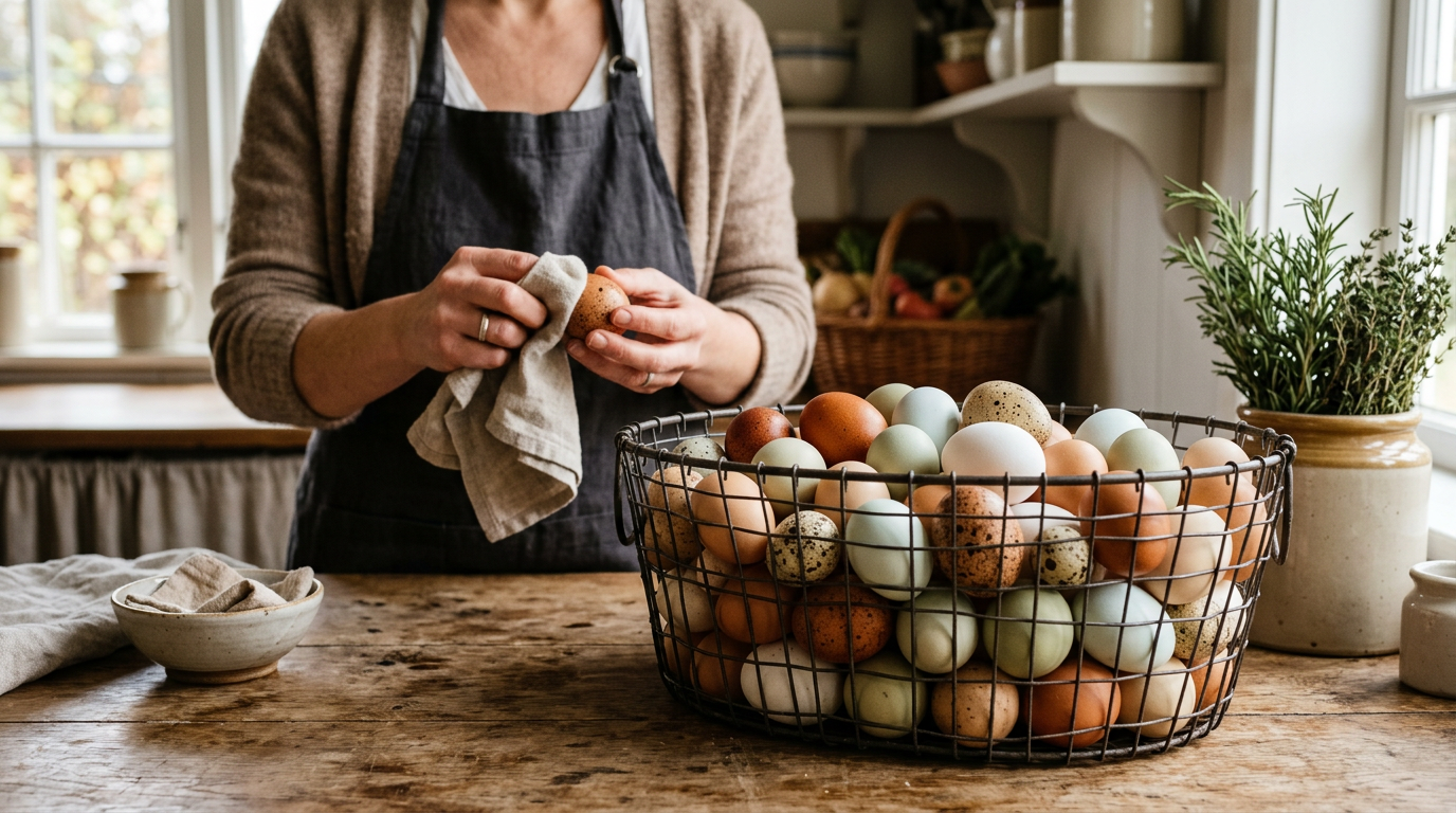 Fresh farm eggs in various colors in a rustic wire basket