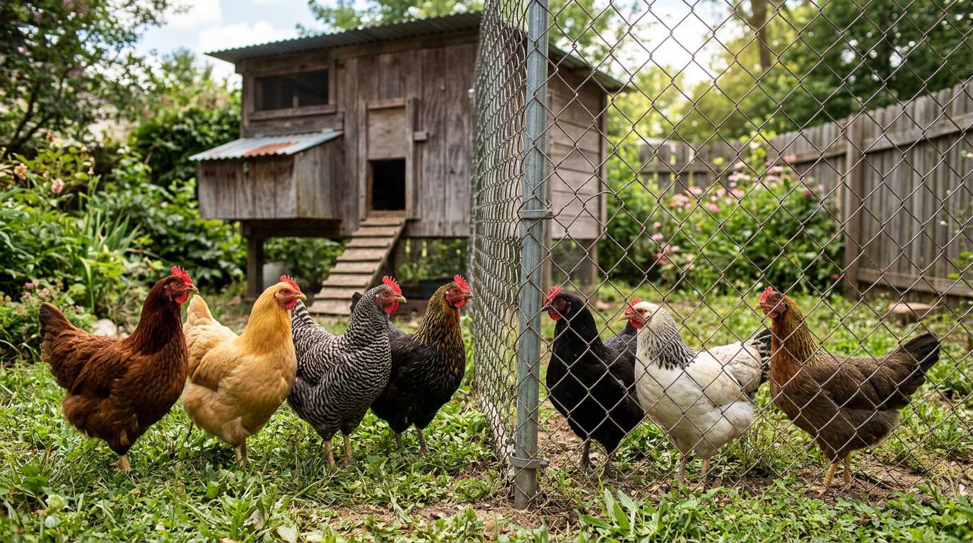 Two groups of chickens meeting through a wire fence divider