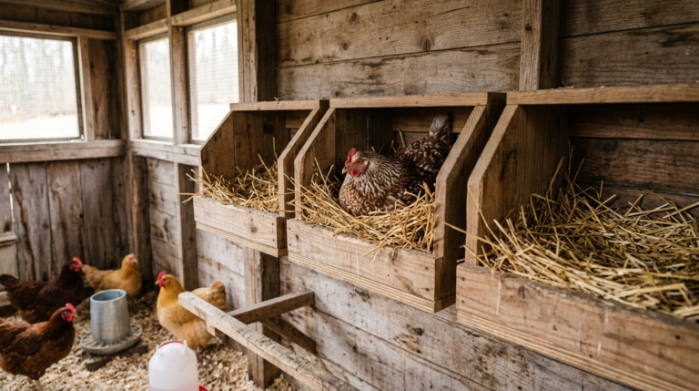 Well-designed chicken coop nesting boxes lined with fresh straw
