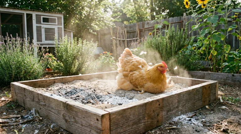 Chicken happily dust bathing in a DIY wooden frame dust bath