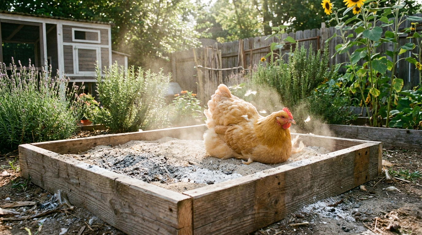 Chicken happily dust bathing in a DIY wooden frame dust bath