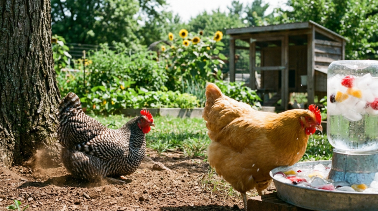 Backyard chickens staying cool in summer heat with shade and water