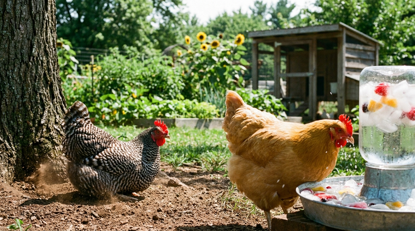 Backyard chickens staying cool in summer heat with shade and water