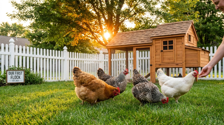 Small flock of backyard chickens in a suburban garden with a wooden coop