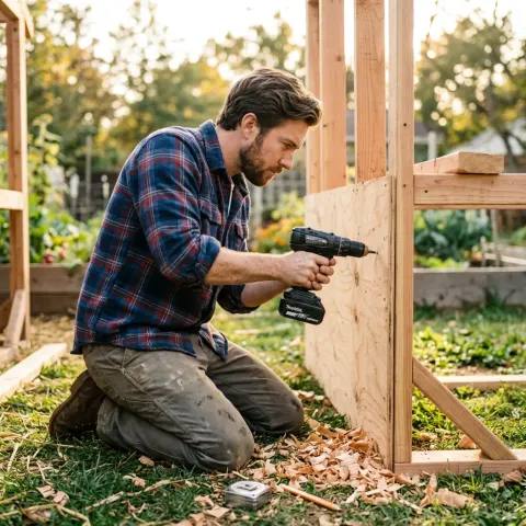 Man building a DIY chicken coop - save 90% vs pre-built