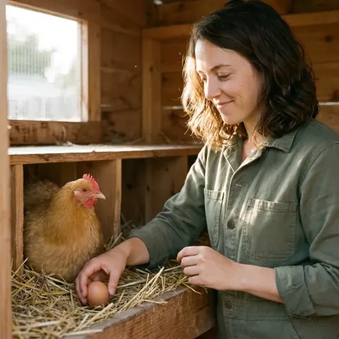Chicken keeper collecting fresh eggs from a DIY coop