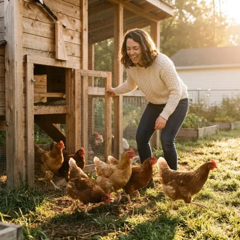 Chickens leaving coop for morning free range