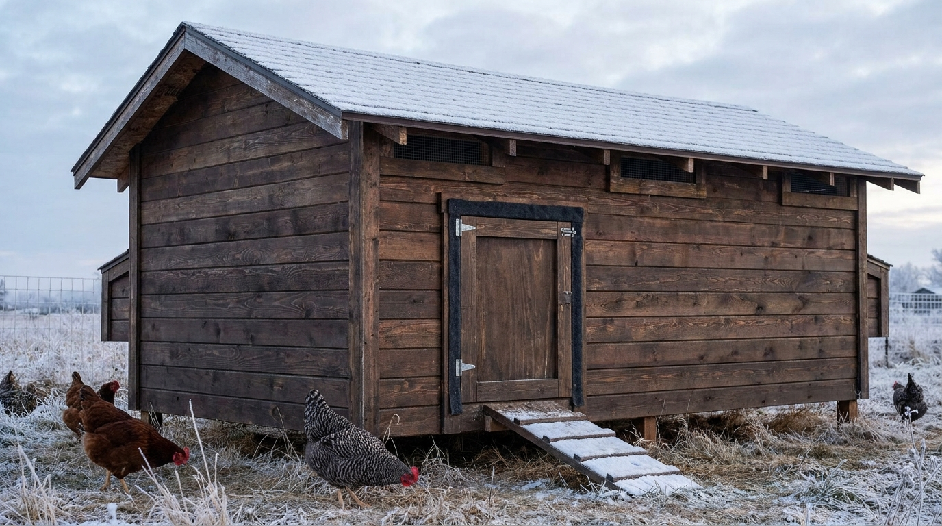 Winterized chicken coop exterior with snow on the ground and proper ventilation at the roofline